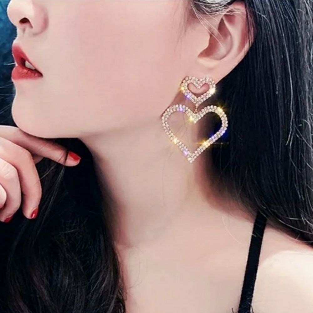 Gold Tone Double Heart Drop Rhinestone Earrings Pave Setting - Picture 7 of 8